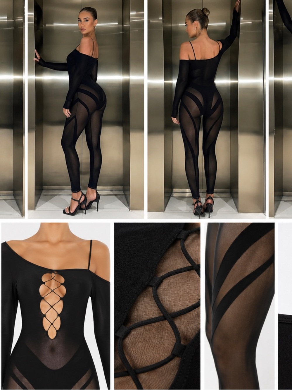 White Fox Boutique Black One-Shoulder Sheer Mesh Jumpsuit with Lace-Up Front